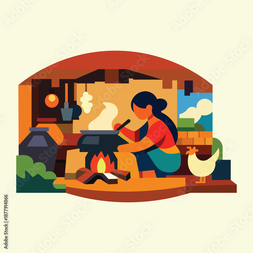 Traditional Village Woman Cooking Over Open Fire Vector Illustration
