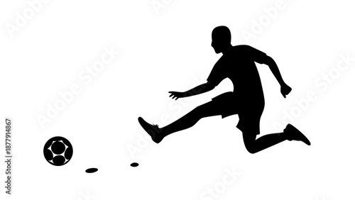 Silhouette of a soccer player kicking a ball, goal celebration or action shot, world football concept.