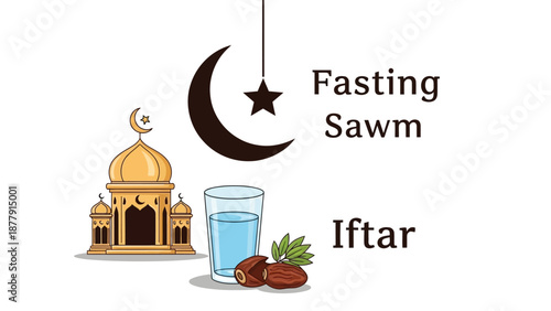Celebrating Ramadan with Fasting and Iftar, Mosque, Dates, and Refreshing Drink, Symbolizing Spiritual Renewal and Community