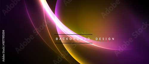 Abstract design features vibrant curves, gradients. Purple, gold hues dominate dark background. Modern aesthetic, dynamic flow.