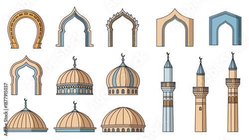Islamic architectural elements including arches, domes, and minarets illustrated in a stylized and colorful manner from a front viewpoint