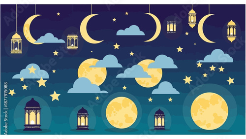 Celebration of Ramadan under the night sky with crescent moons, stars, and lanterns hanging from above