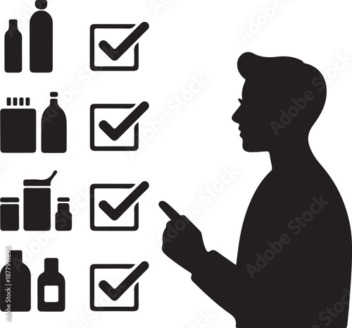 Man Silhouette Checking Inventory List with Product Bottles and Checkmarks