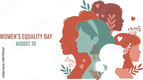 Vector illustration for Women’s Equality Day August 26 featuring overlapping diverse female profiles with botanical and heart accents.