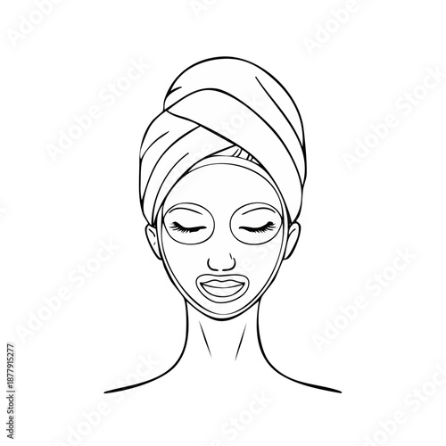 Woman face with facial mask line icon, skincare spa beauty illustration