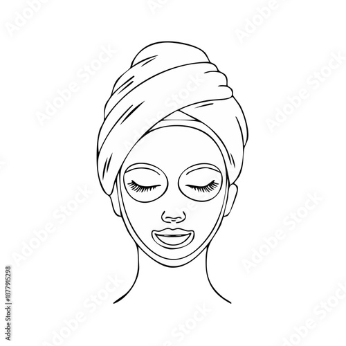 Woman face with facial mask line icon, skincare spa beauty illustration