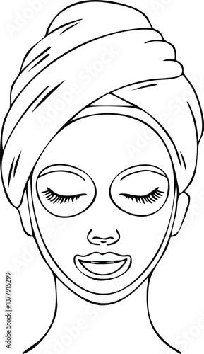 Woman face with facial mask line icon, skincare spa beauty illustration