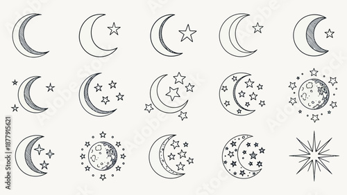 A collection of celestial body illustrations featuring moon phases and stars in various designs and layouts, presented in a simple line art style.