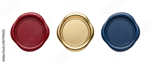 A vibrant collection of three wax seals in red gold and blue hues ideal for design projects on transparent background