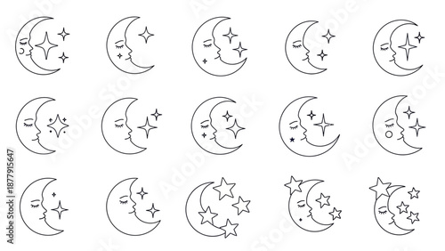 Crescent moon icons set with various facial expressions and star symbols, minimalist illustrations