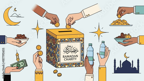 Hands of various people donating food, money, and drinks to a Ramadan charity box, symbolizing generosity and kindness during the holy month