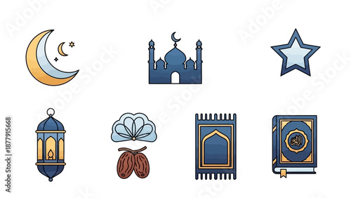Celebrating Ramadan with crescent moon, mosque, and star icons surrounded by traditional lantern, dates, prayer mat, and book in a serene atmosphere