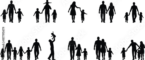 Happy family silhouettes walking together, parents children bonding moments, love care relationship, father mother kids, black isolated illustration set