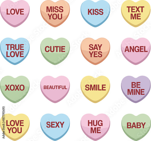 Valentine candy heart vector, pastel love messages, romantic phrases, colorful sweets, cute design, affection theme, decorative illustration, holiday graphic set