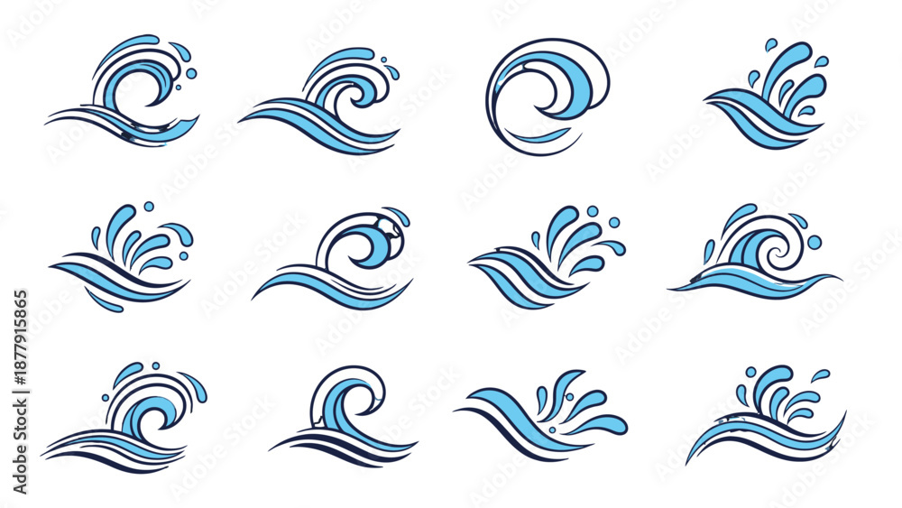 Fototapeta premium Collection of stylized blue wave icons on white background.