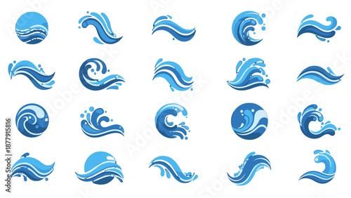 Collection of blue wave icons in various styles and shapes.