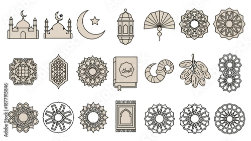 Collection of traditional Islamic illustrations including mosques, crescent moon, lantern, and intricate ornaments displayed in a grid layout.