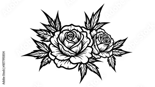 Black and white illustration of roses with leaves.