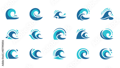 Collection of blue wave icons in various styles and designs.