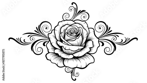 Black and white illustration of a rose with decorative swirls.