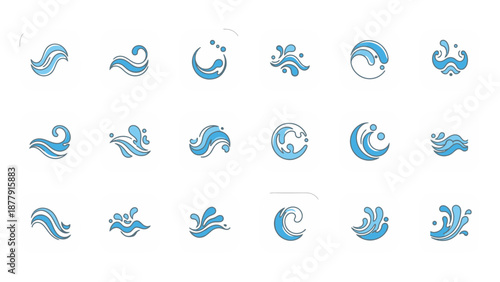 Collection of blue abstract wave and splash icons on white background.