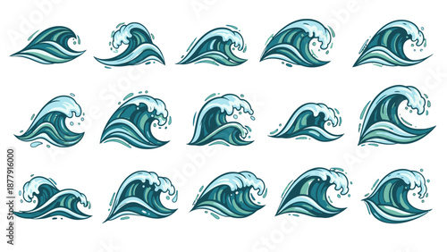 Collection of ocean wave illustrations in various styles and movements.