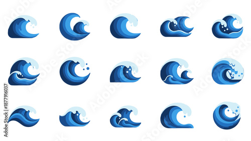Collection of blue wave icons in various styles and designs.