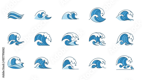 Collection of blue wave icons in various styles and forms.