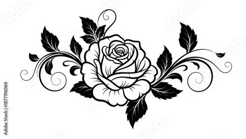 Black and white illustration of a rose with decorative leaves and swirls.