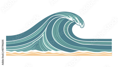 Ocean wave illustration with blue and white swirling patterns.
