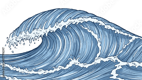 A large blue ocean wave with white foam and a dynamic illustration style.
