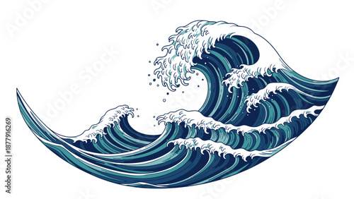 Big blue ocean wave crashing with splashing water droplets.