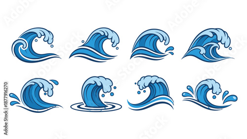 Collection of blue wave icons in various styles and movements.