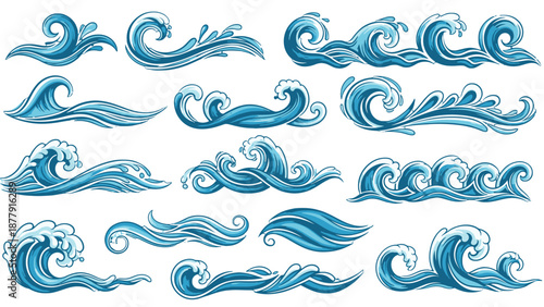 Collection of blue wave illustrations in various styles and shapes.