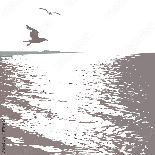 Metallic light reflections on calm sea with white background and seagulls