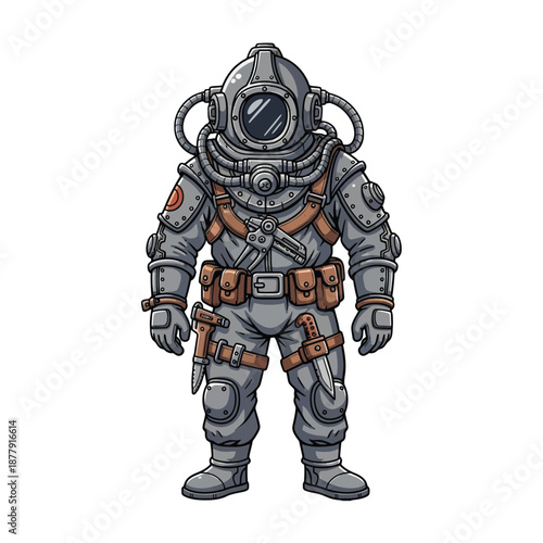 Illustration of a scuba diver in a vintage deep-sea diving suit with orange accents on a white background.
