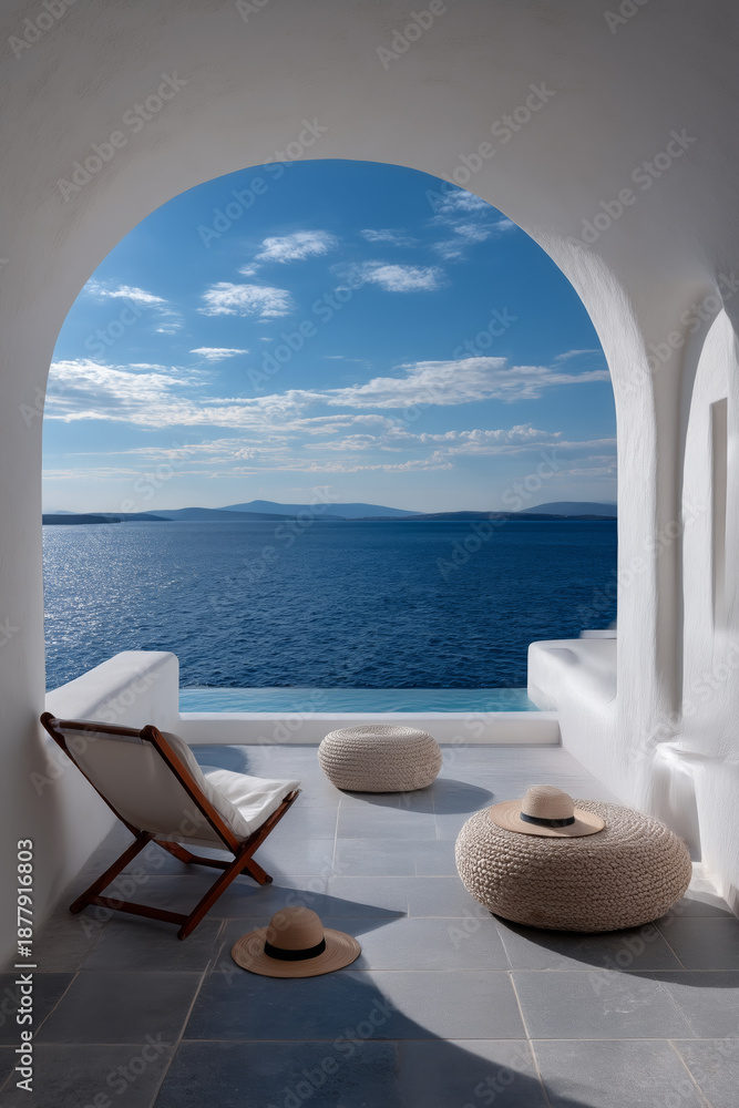 Naklejka premium Terraza mediterránea con vistas al mar y tumbona, Balcón con pufs y sombreros con el océano de fondo, Mockup para resort de lujo en islas griegas, Imagen campaña de viajes con estética minimalista