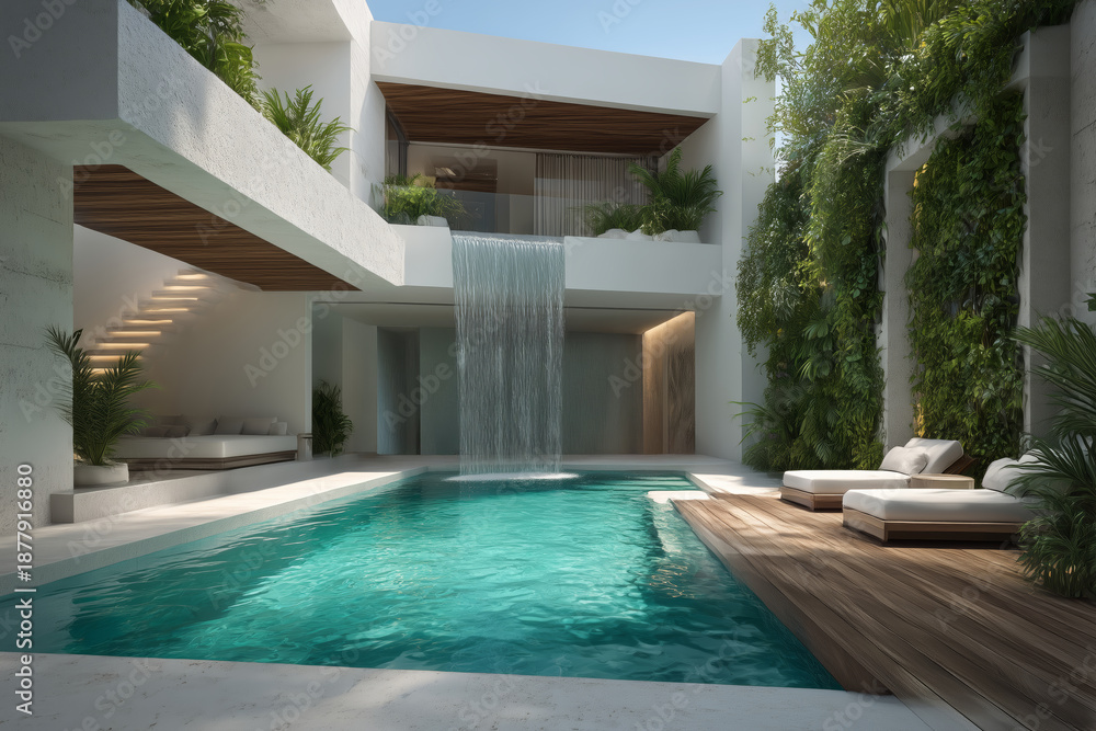 Fototapeta premium Casa de lujo con piscina y cascada integrada, Arquitectura moderna con vegetación y diseño minimalista, Branding para resort de lujo con estética natural