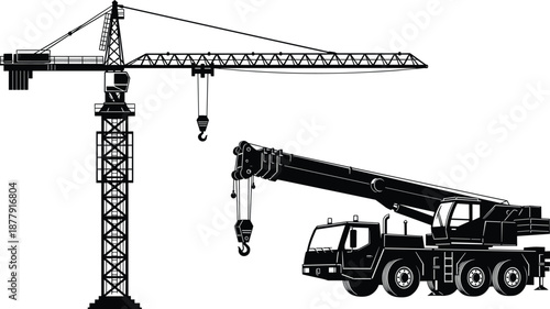 Tower crane and mobile crane lifting construction materials on site, heavy equipment machinery for building and industrial engineering projects