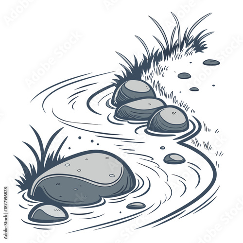 Waves washing over smooth rocks on shoreline with grass