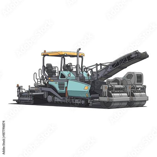 Side view of a large, industrial road milling machine with a yellow canopy and teal accents on a white background.