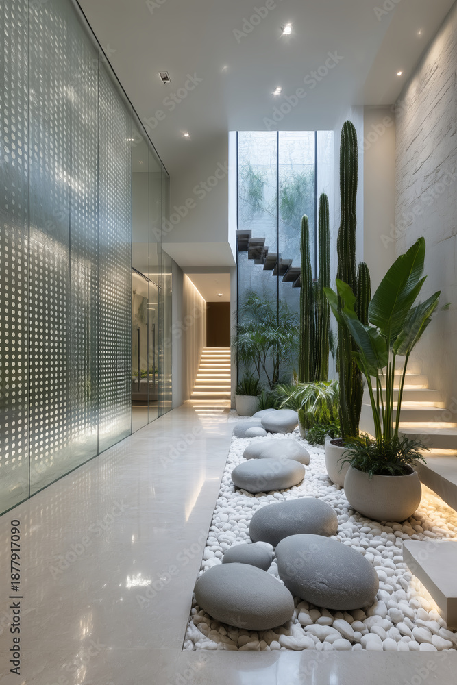 Fototapeta premium Interior minimalista con jardín zen y escalera flotante, Hall de entrada con plantas, piedras grises y luz ambiental, Mockup para diseño de interiores de alta gama