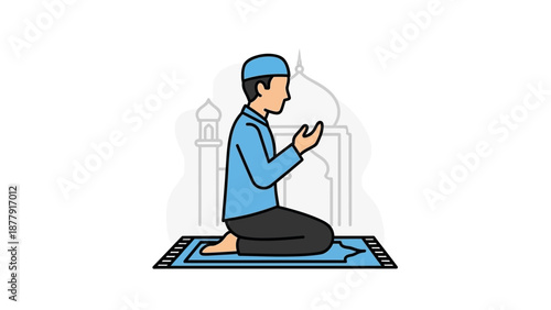 Man kneeling in prayer on a mat, facing a mosque, serene and peaceful scene, vector illustration