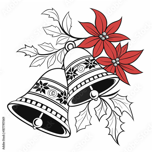 Christmas bells with red poinsettia flowers and holly leaves