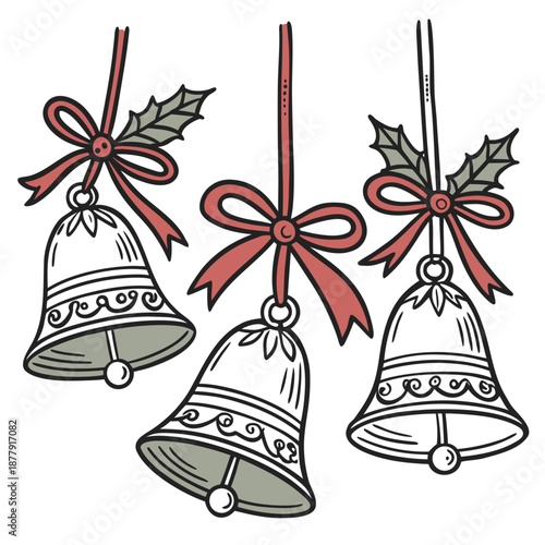 Christmas bells with red ribbons and holly leaves holiday bells