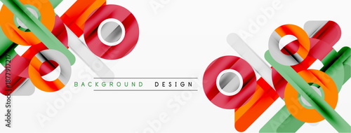 Abstract colorful ribbons, geometric shapes create modern design. White background enhances vibrant elements, simple composition.