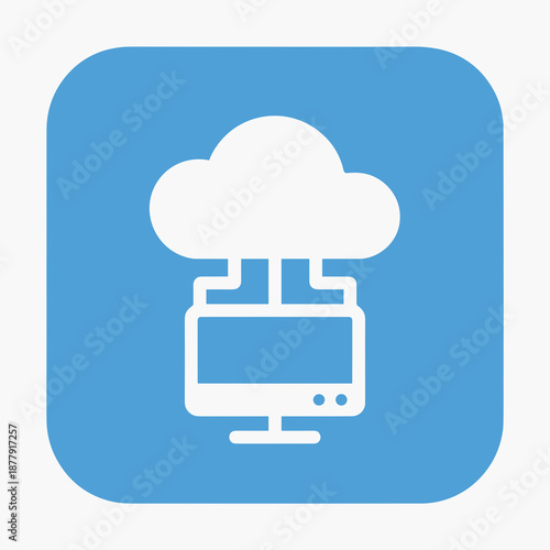 Simple cloud computing icon with a computer on a blue background with copy space
