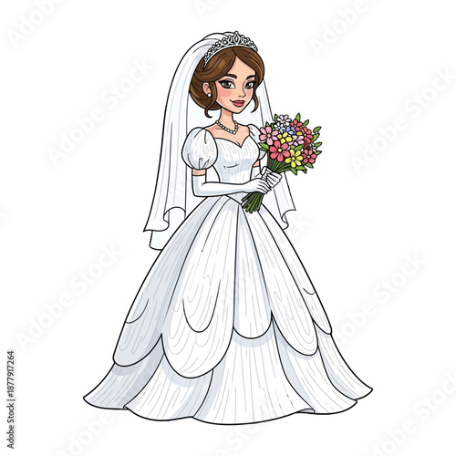 Cartoon illustration of a smiling bride wearing a white wedding dress and veil, holding a colorful bouquet on a plain white background.