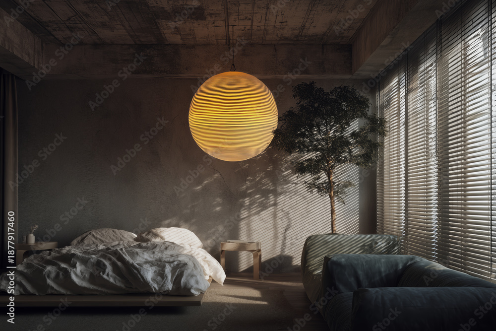 Naklejka premium Dormitorio moderno con lámpara de diseño y luz natural, Interior de una habitación con cama, sofá y planta, Mockup para diseño de interiores de lujo