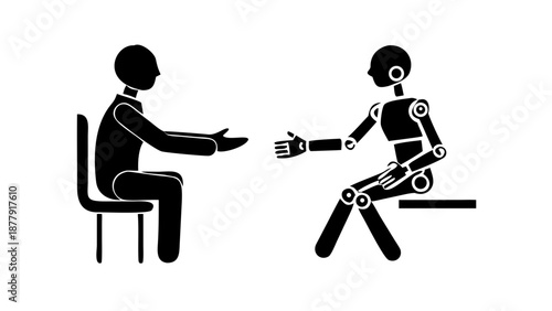 Silhouette of a humanoid robot sitting and thinking, or shaking hands with a human, future technology concept.